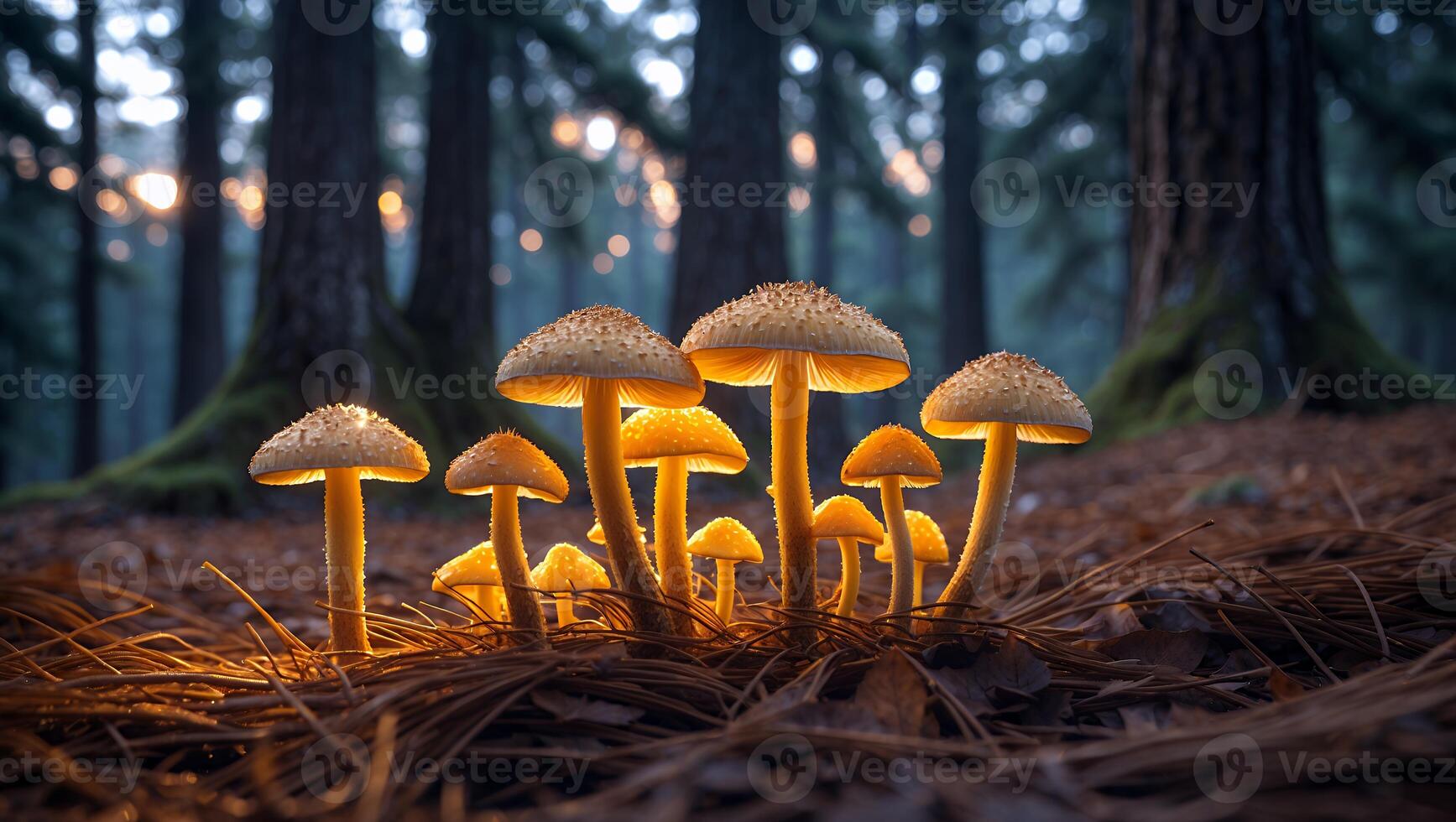 Glowing Mushrooms Growing in Forest with Pine Needles and Trees photo