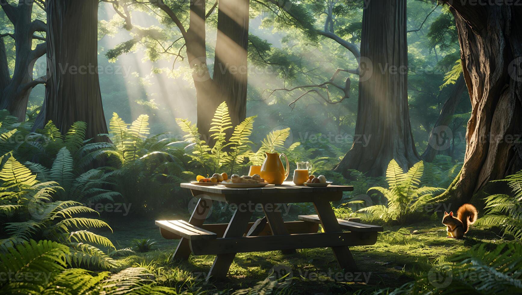 Picnic Table with Food in Forest with Sunlight and Squirrel photo