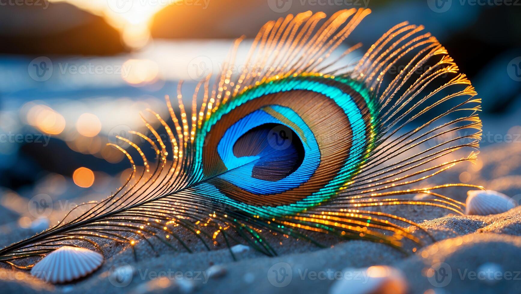 Peacock Feather Eye Resting on Beach Sand at Sunset photo