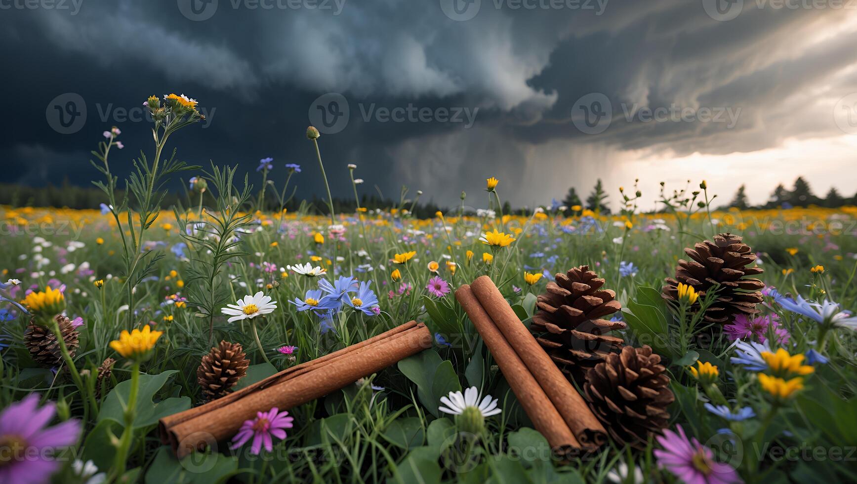 Cinnamon Sticks and Pinecones in Colorful Wildflower Field Before Storm photo