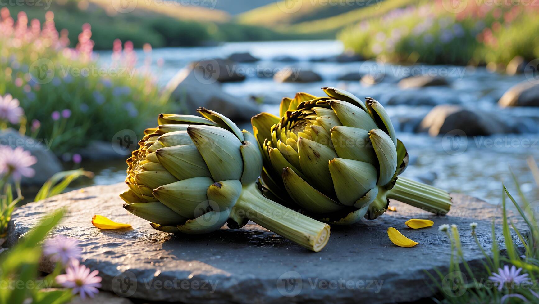 Two Artichokes Resting on Stone Near Flowing Stream with Wildflowers photo
