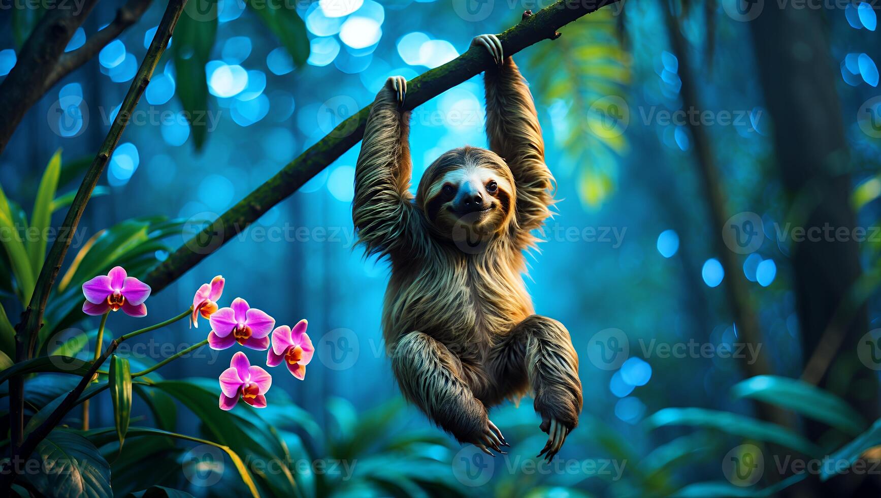 Sloth Hanging From Branch in Tropical Forest with Pink Orchids photo