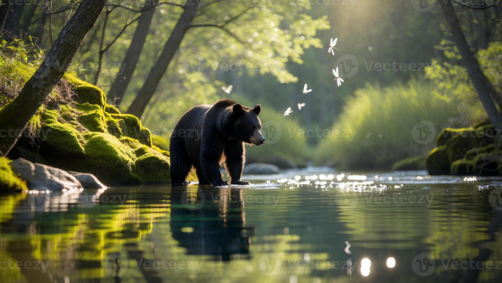 Black Bear Standing in River Water with Dragonflies and Forest photo