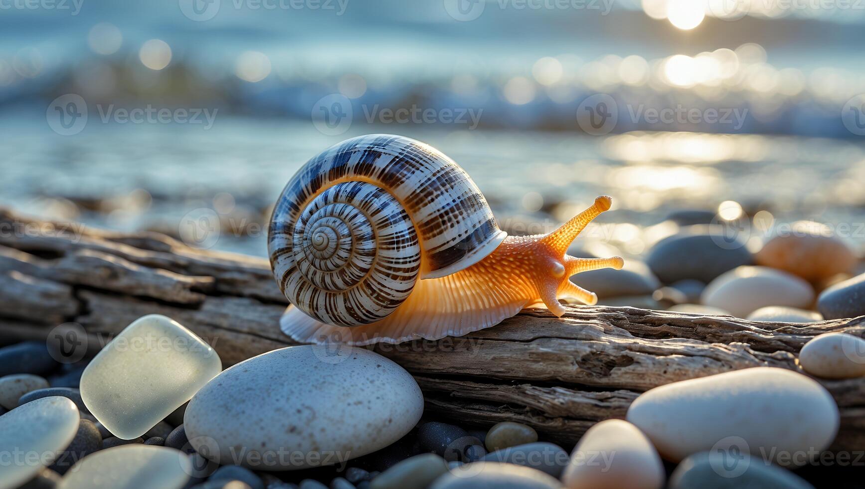 Snail Crawling on Driftwood by the Water with Pebbles Around photo