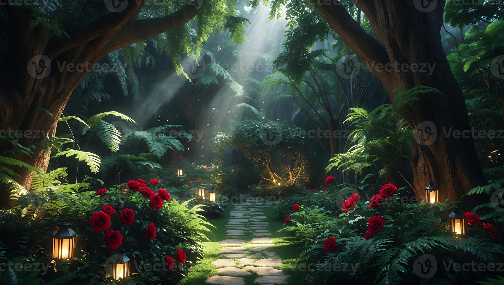 Walking Stone Path Through Lush Green Garden with Glowing Lanterns photo