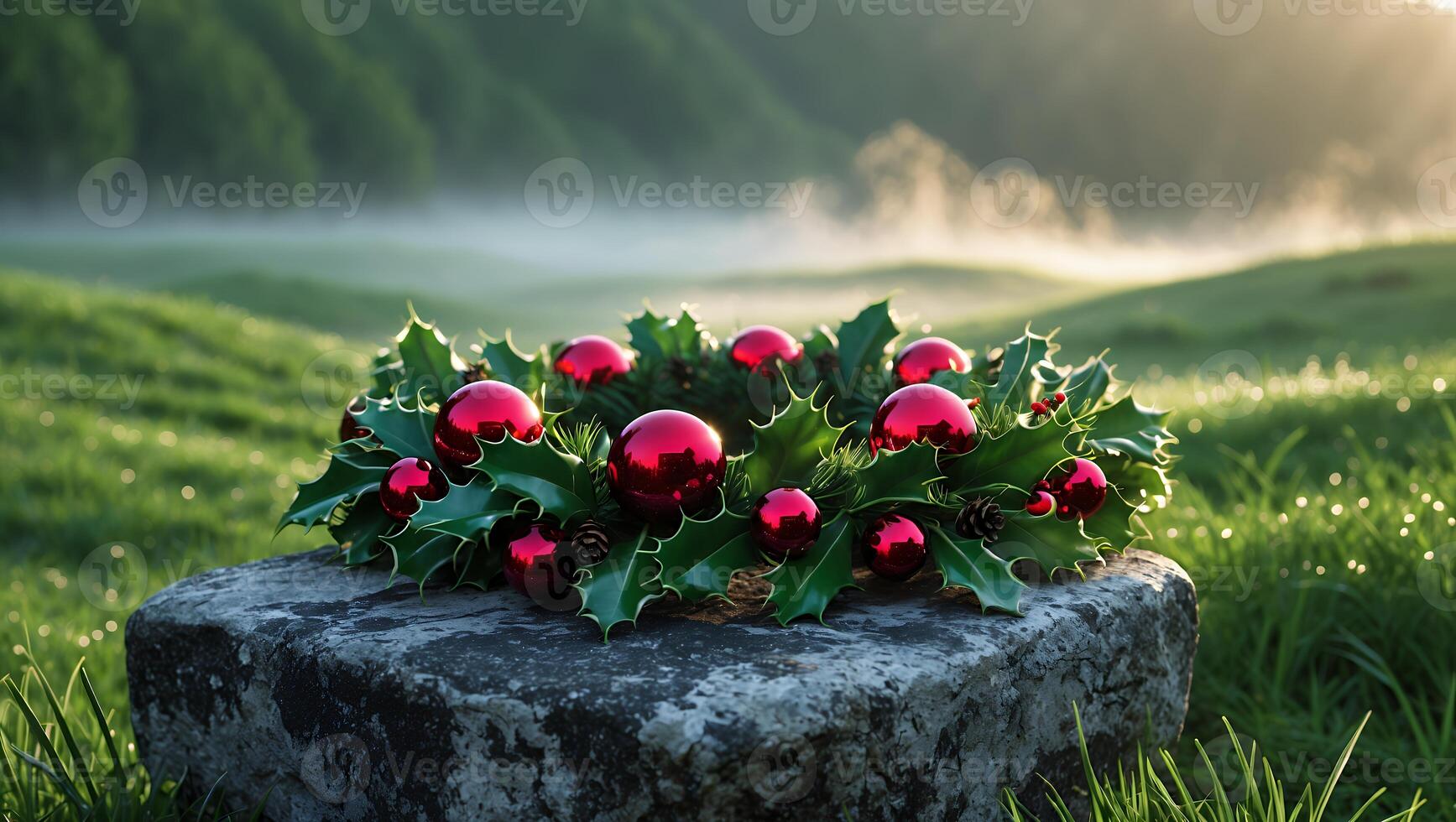 Holly Wreath with Red Ornaments on Rock in Misty Landscape photo