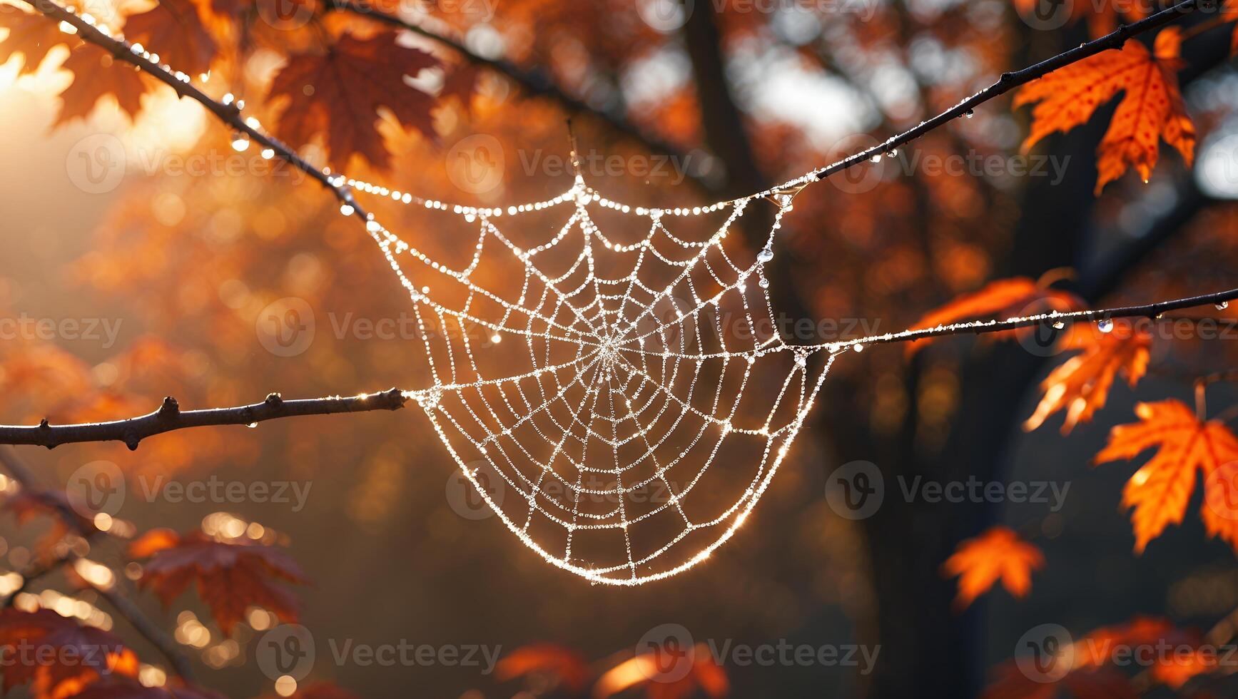 Spiderweb Covered in Dewdrops on Branches with Autumn Leaves Around photo