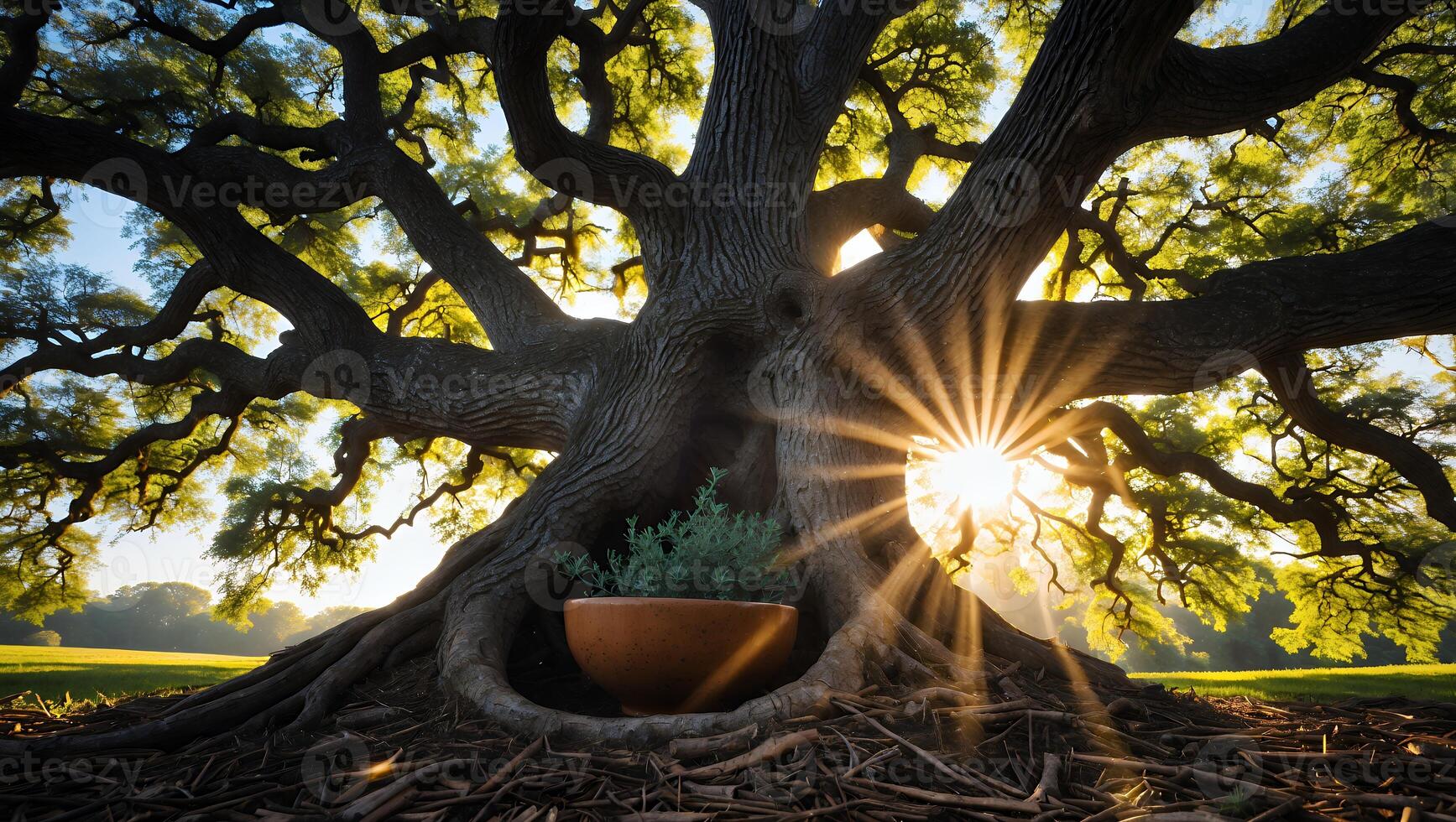 Majestic Tree with Sunburst and Potted Plant in Natural Setting photo