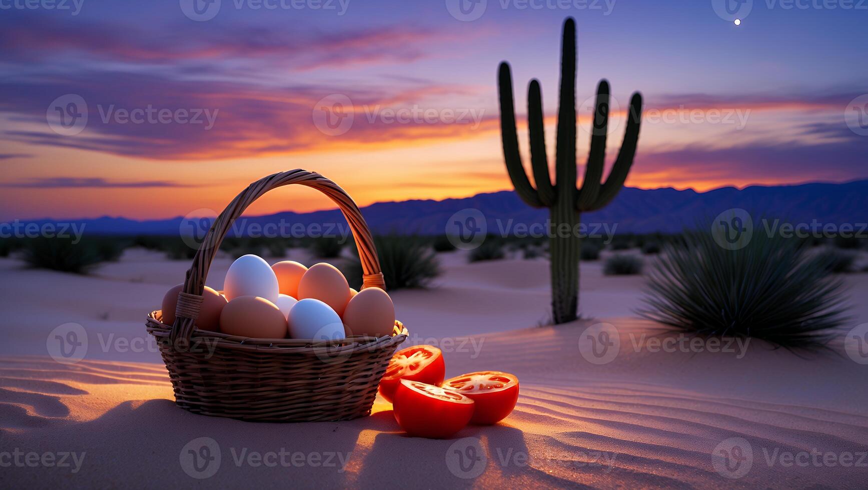 Basket of Eggs and Tomatoes in Desert Landscape at Sunset photo