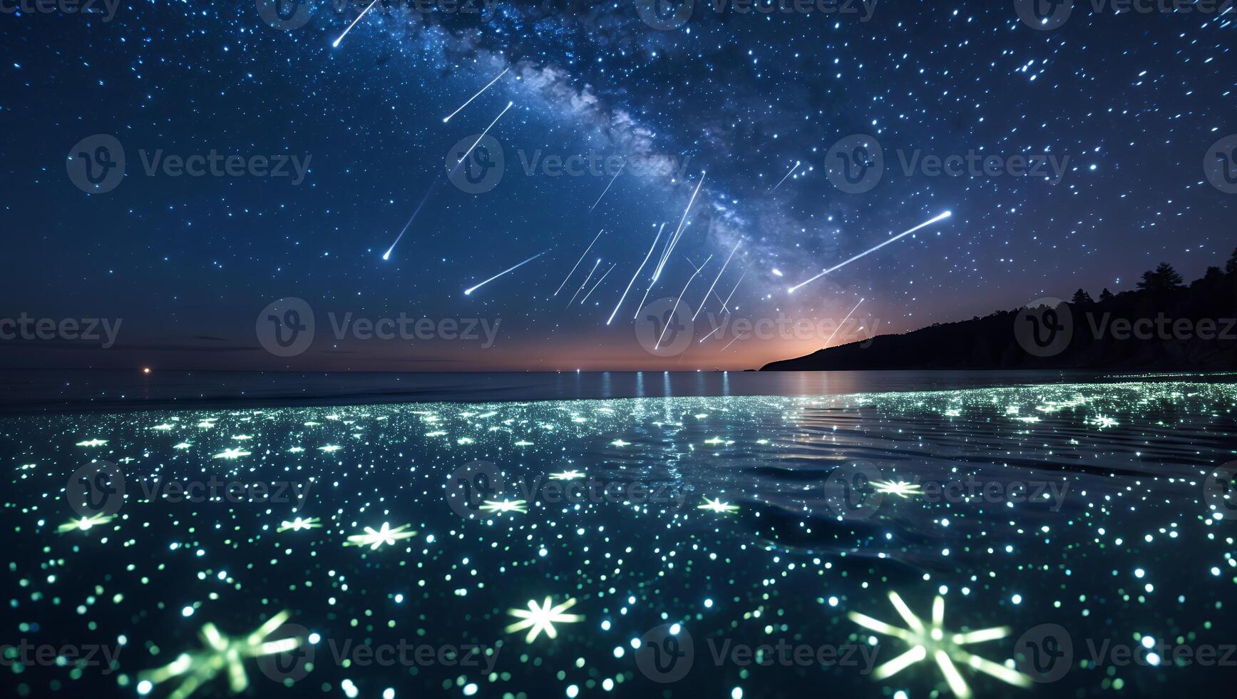 Stars Falling Over Ocean at Night with Bioluminescent Shoreline Scene photo