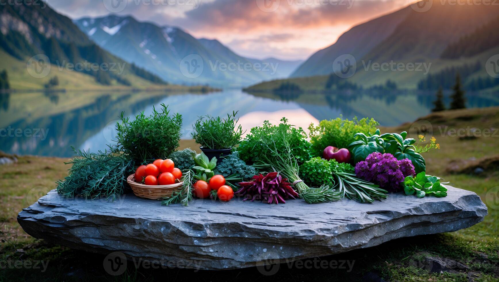 Fresh Vegetables and Herbs Displayed Outdoors with Scenic Mountain Lake View photo