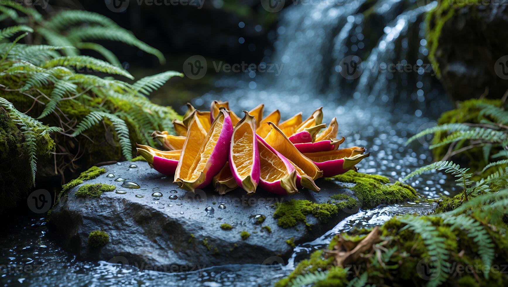 Arrangement of Sliced Oranges in Natural Waterfall Setting with Ferns photo