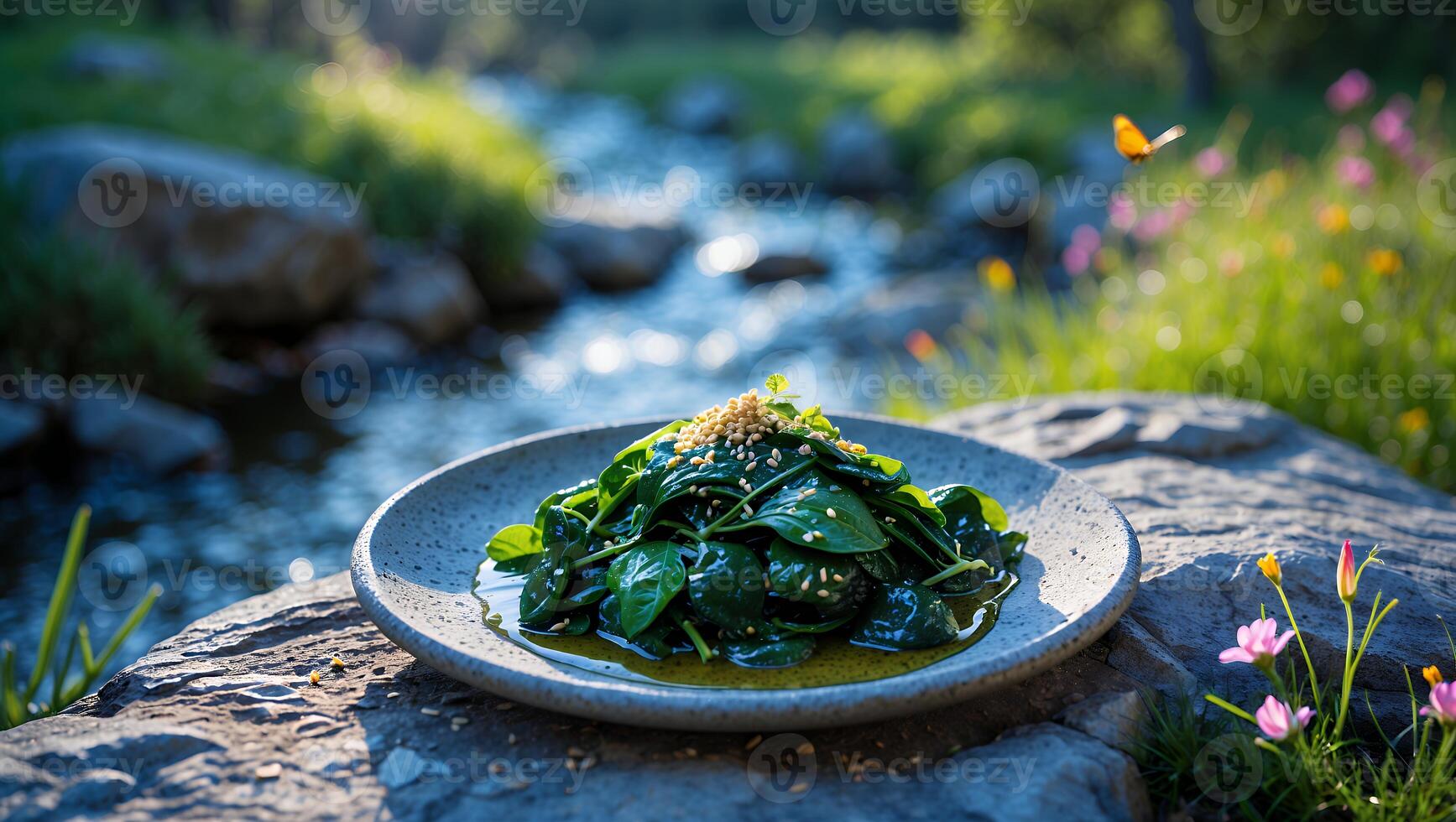 Spinach Salad with Sesame Seeds Served Beside Gentle River Flowing photo