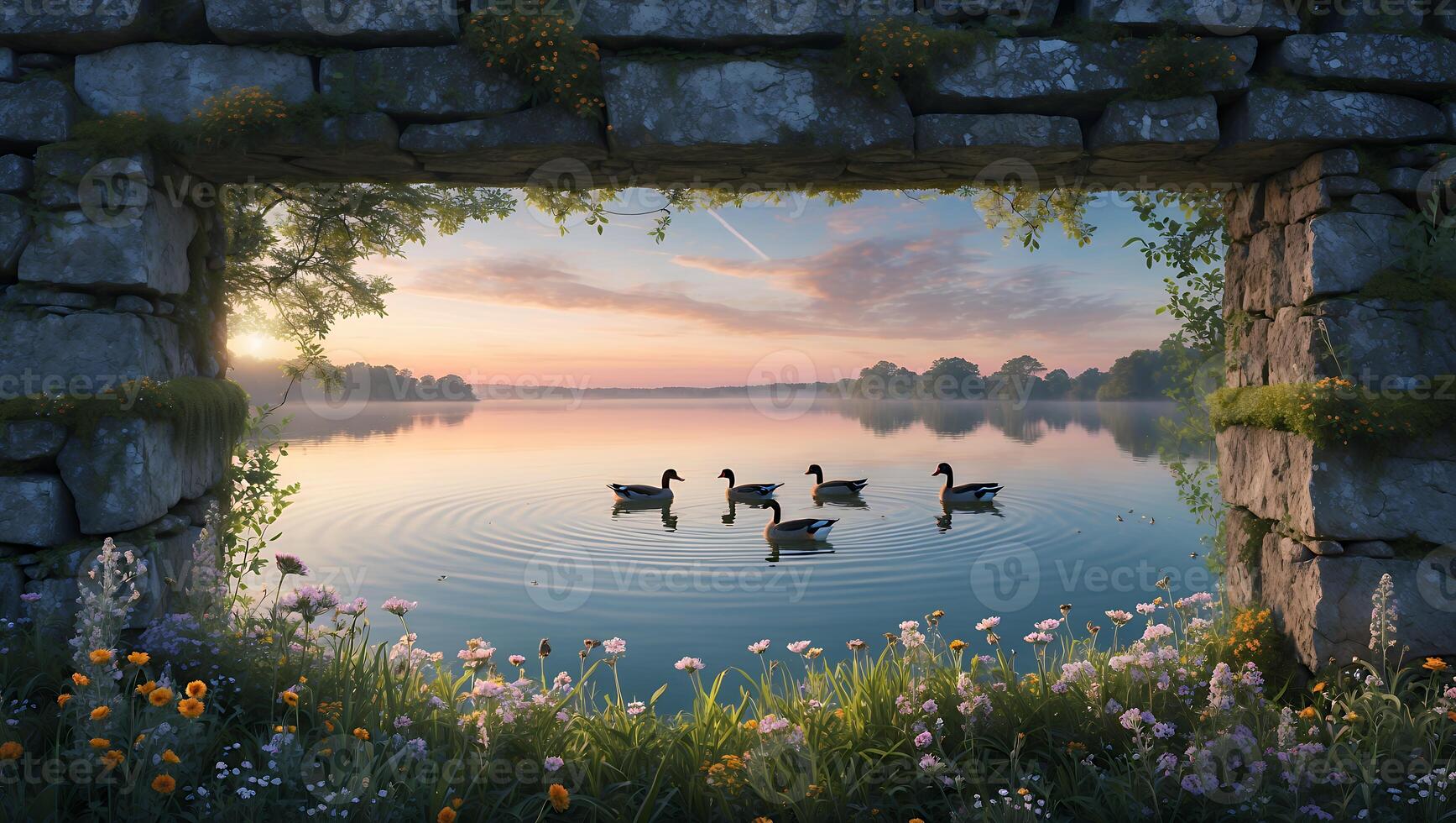 Ducks Swimming on Lake at Sunrise Framed by Stone Archway photo