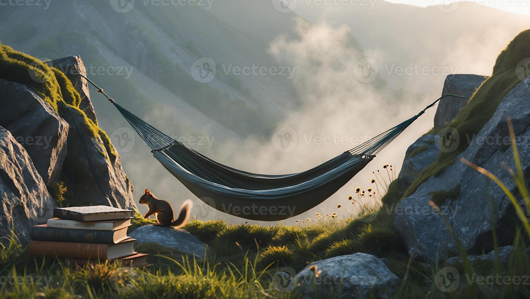Hammock Resting in Mountain Scene with Squirrel and Books photo