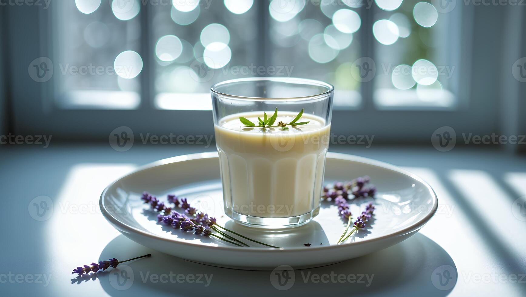 Glass of Creamy Drink with Lavender Flowers Near a Window photo