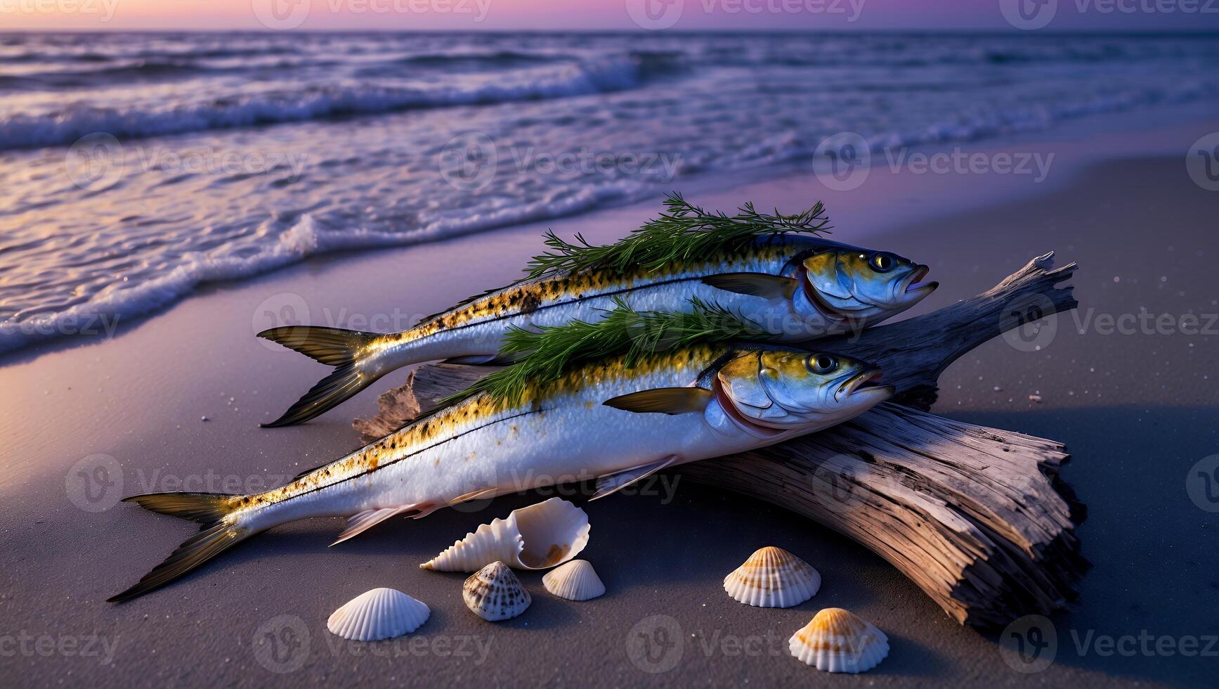 Two Fresh Fish Displayed on Beach with Sea Shells and Wood photo