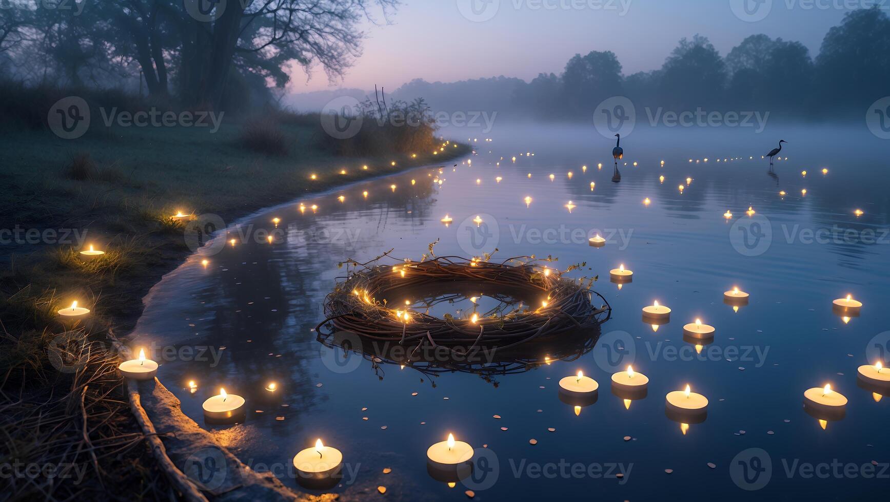 Candles Floating on Lake at Dusk with Mystical Foggy Atmosphere photo