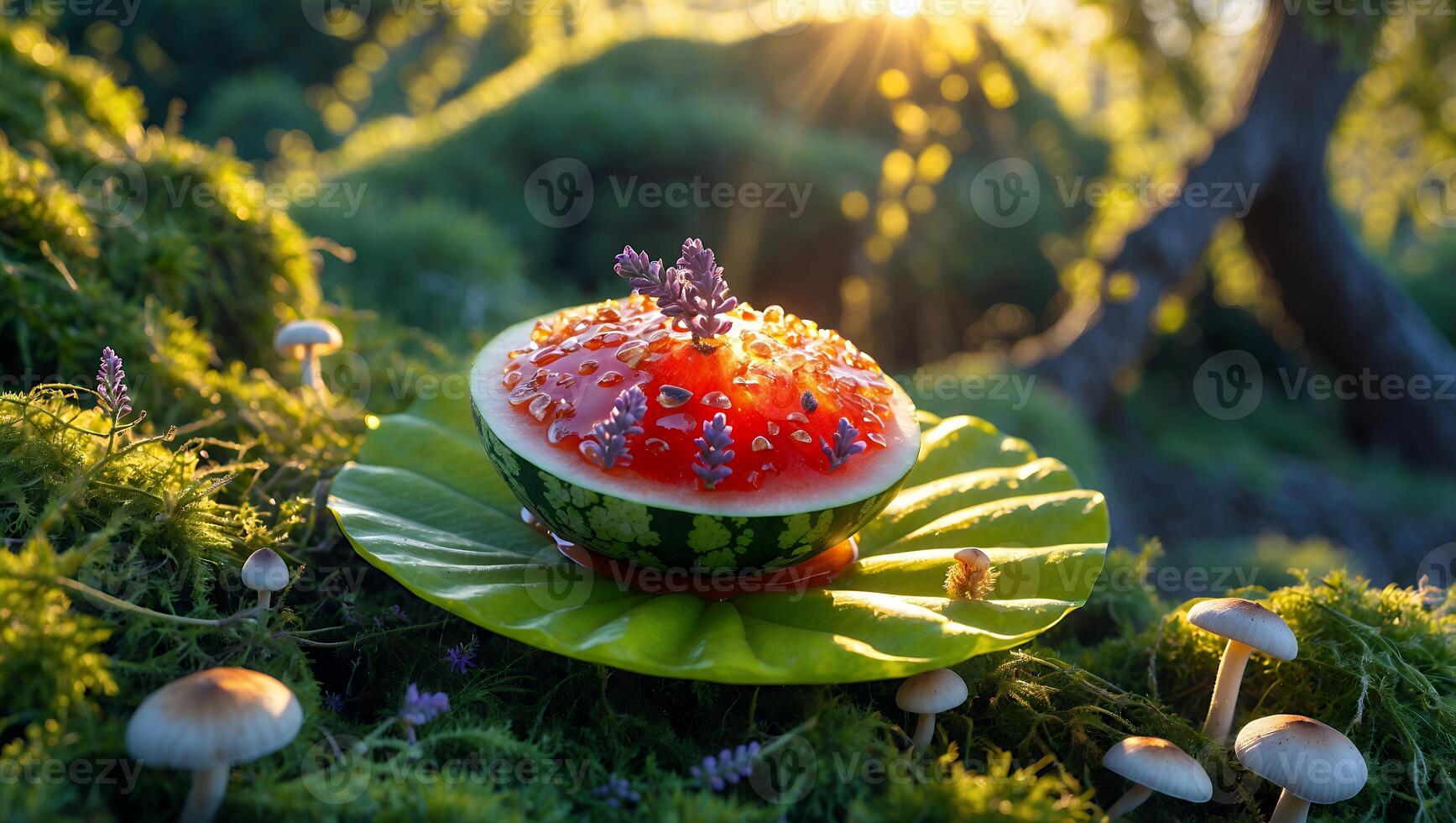 Watermelon Dessert on Leaf with Lavender in Forest Setting photo