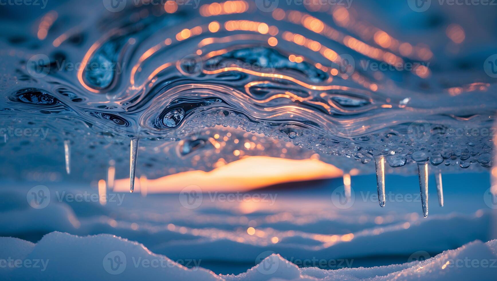 Icy Landscape with Snow and Icicles During Golden Hour Sunset photo