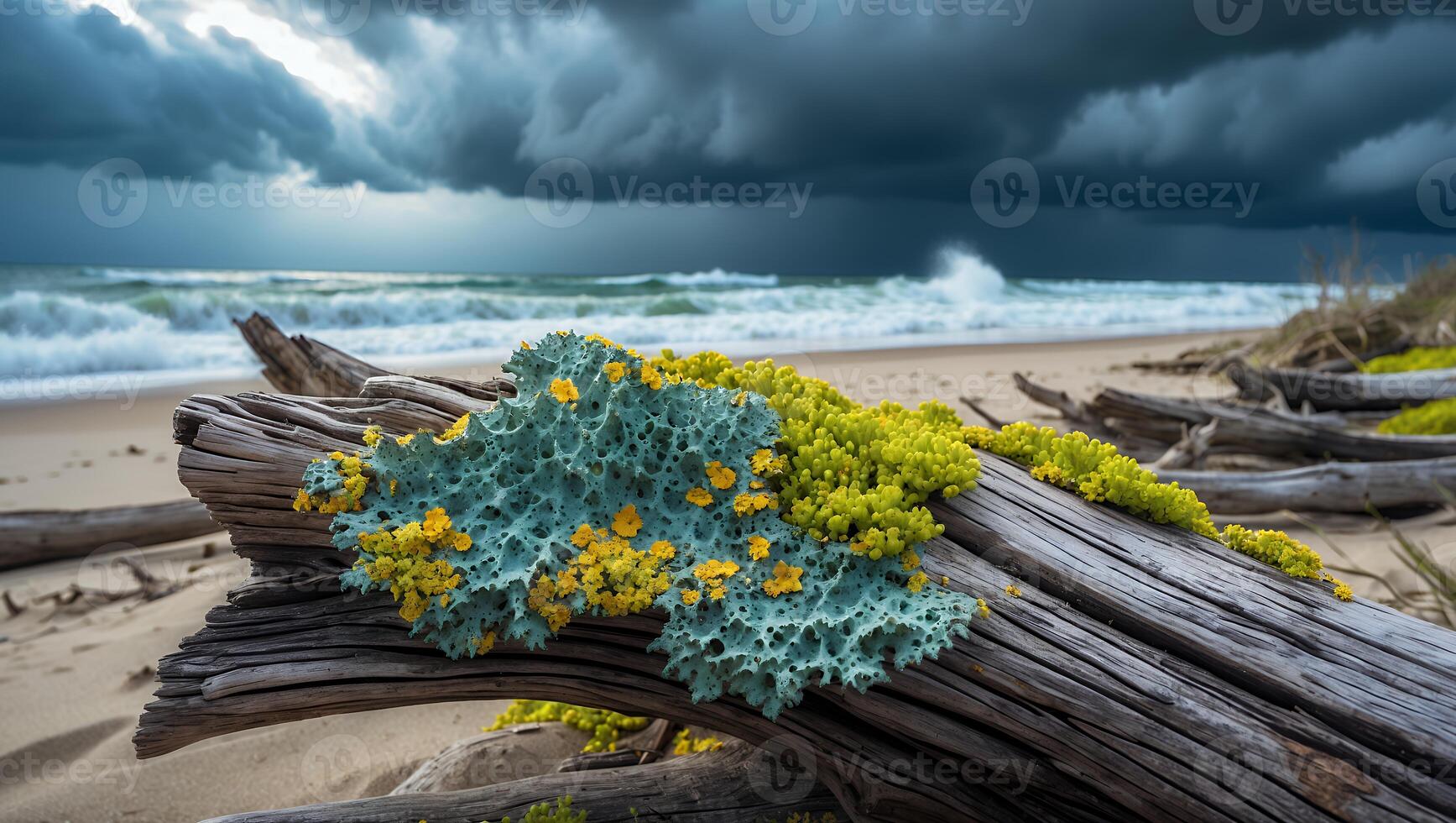 Driftwood on Sandy Beach with Lush Green Growth and Dramatic Skies photo