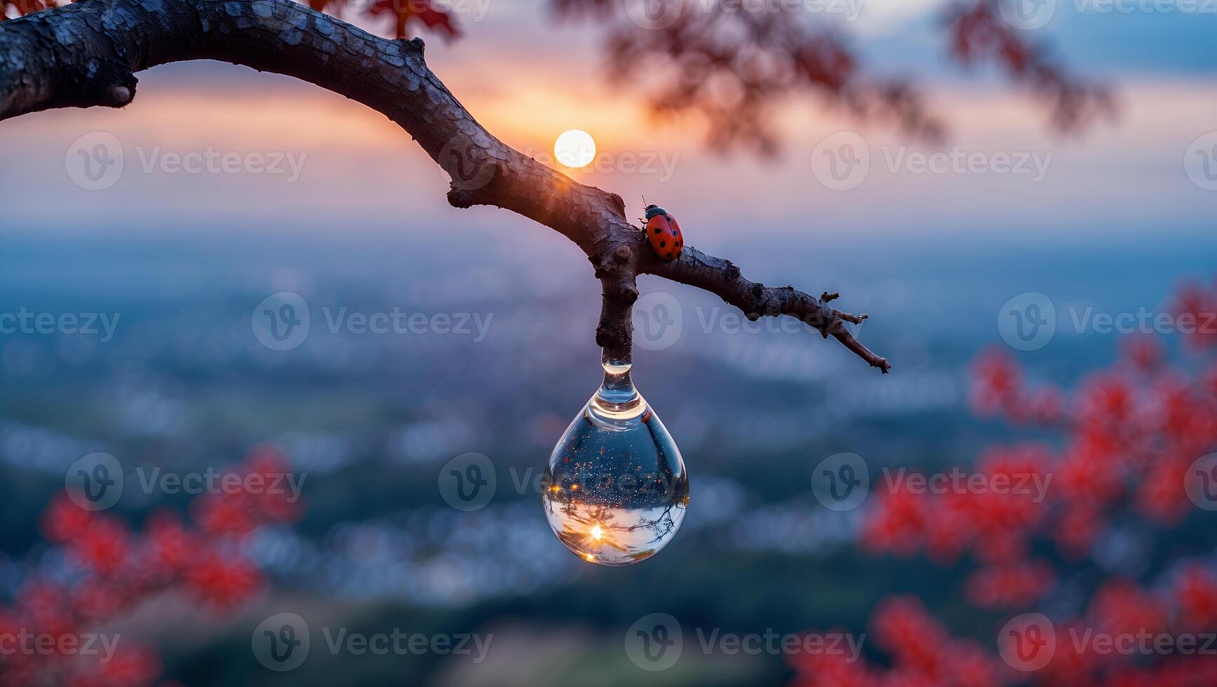 Ladybug and Water Drop on Branch Reflecting Sunset Landscape photo