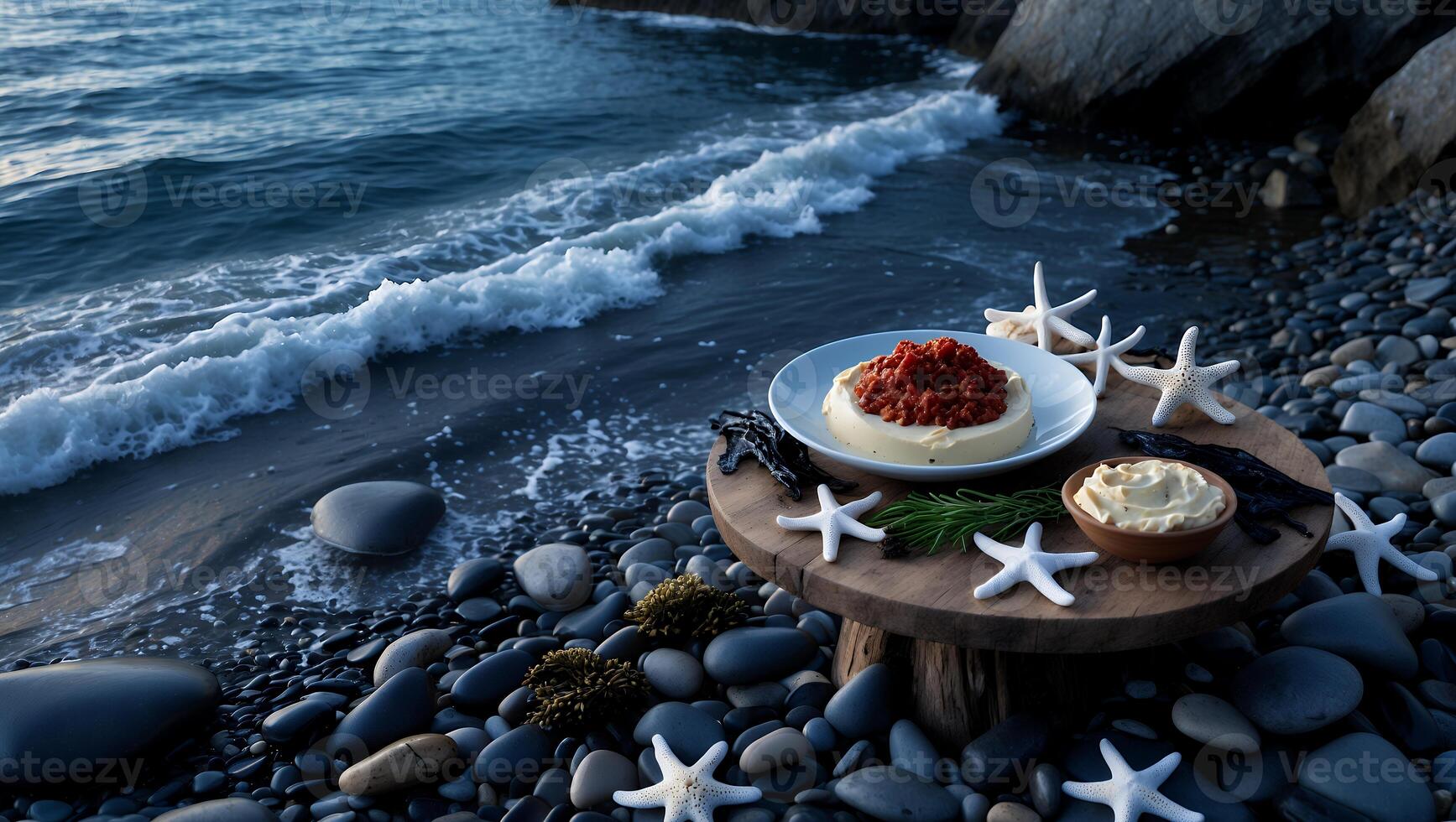 Serving Food by the Ocean Waves on a Peaceful Pebble Beach photo