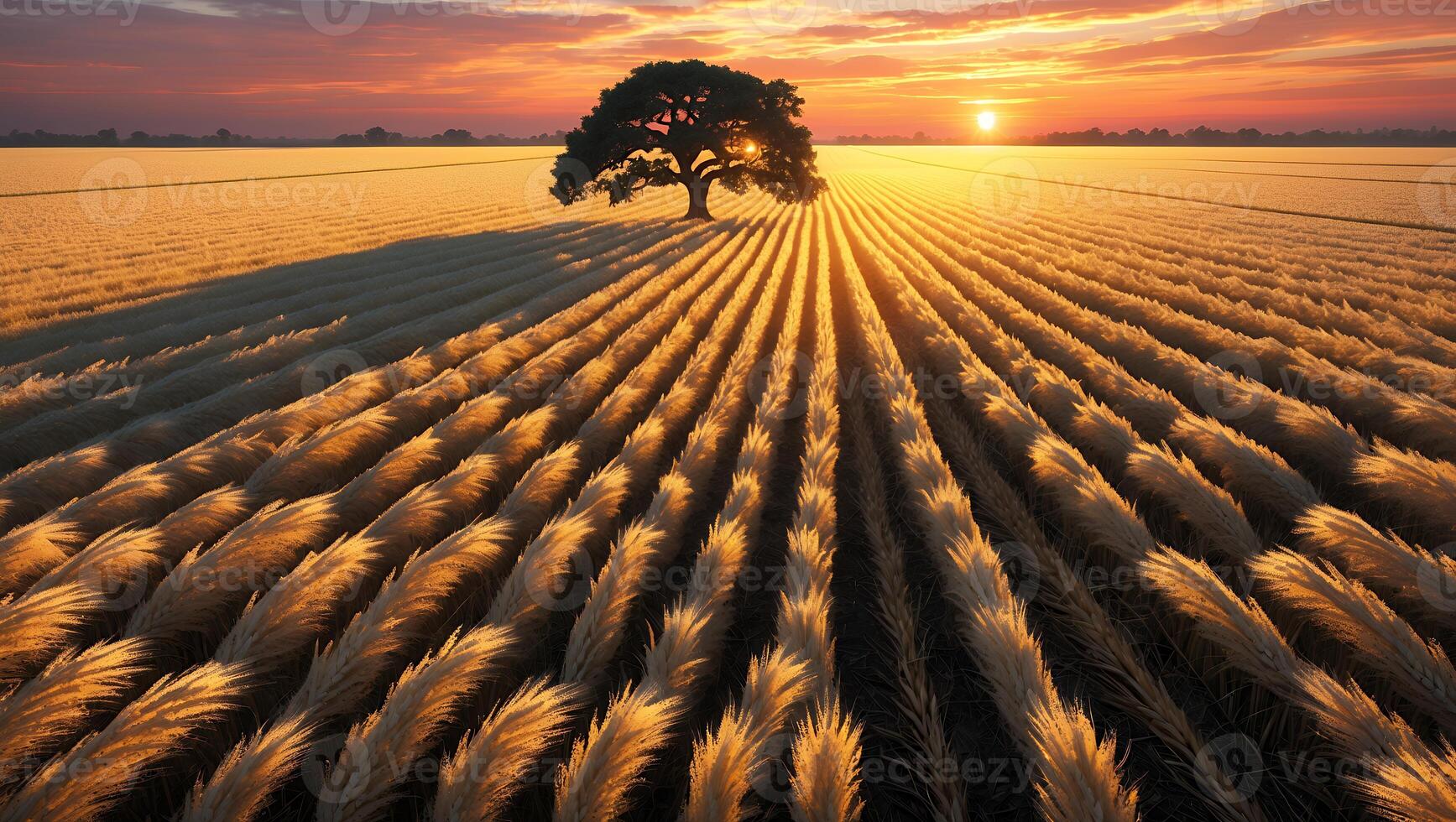 Tree Stands Amidst Field at Sunset with Golden Light photo