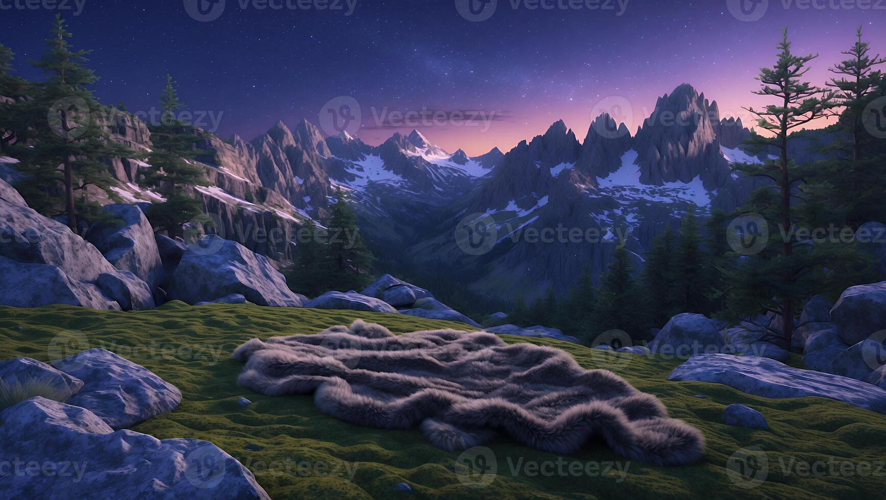 Mountain Landscape with Fur Rug and Starry Sky at Dusk photo