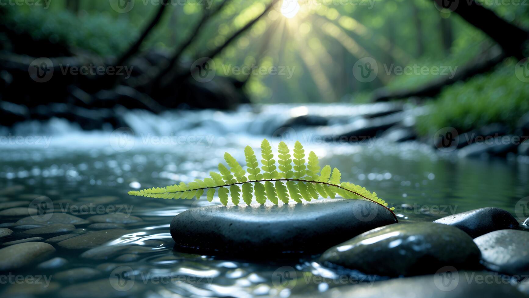Fern Leaf Resting on River Rock with Forest and Sunlight Stream photo