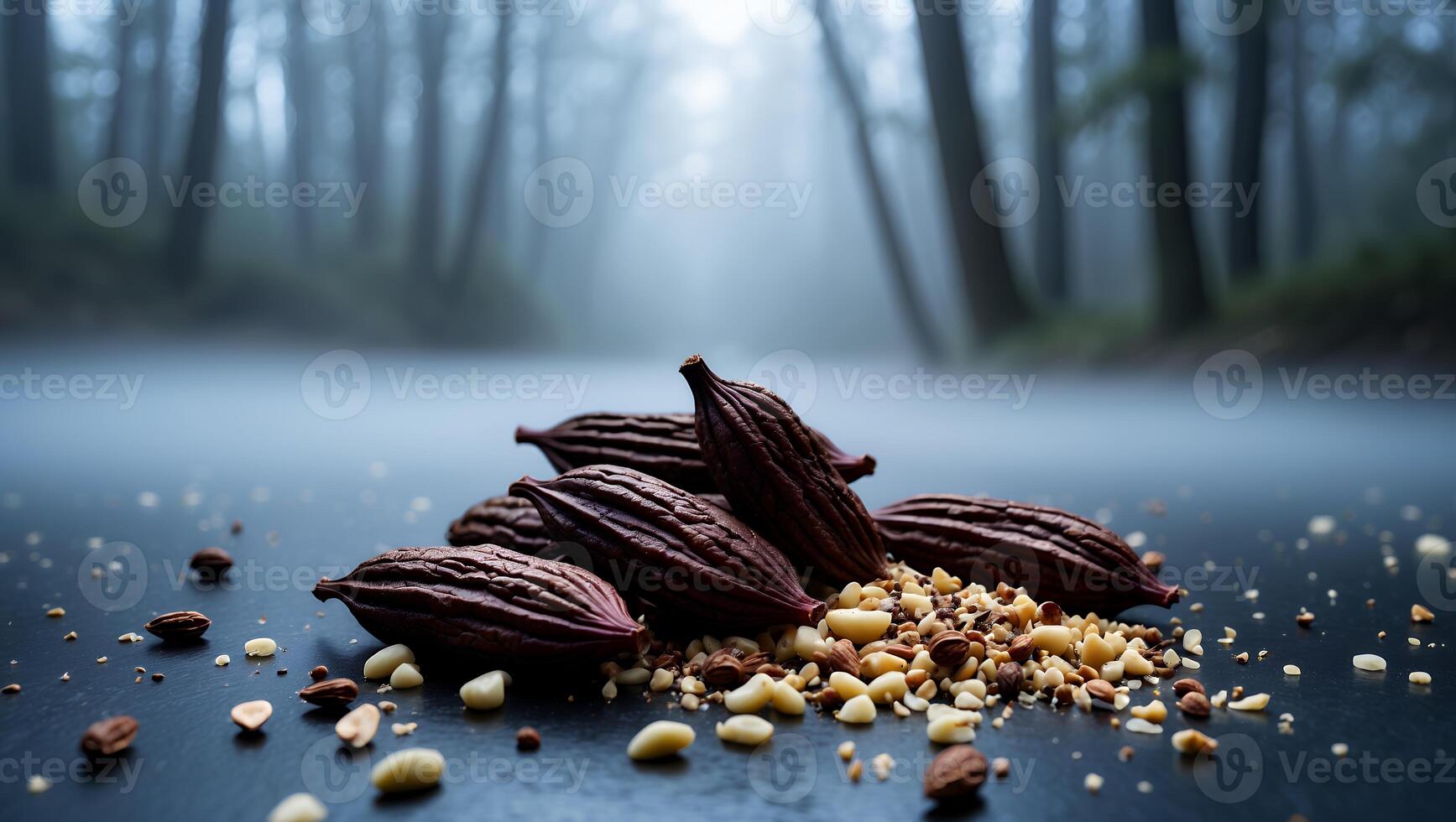 Cocoa Pods and Nut Pieces on a Dark Surface with Forest Backdrop photo