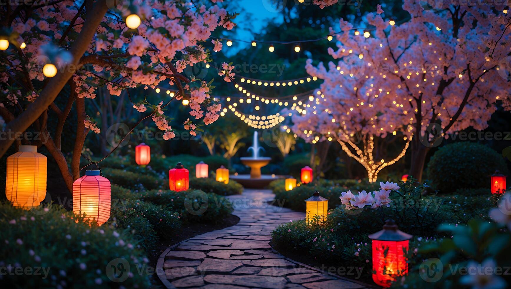 Illuminated Lanterns Guiding a Stone Path Through a Blossoming Garden photo