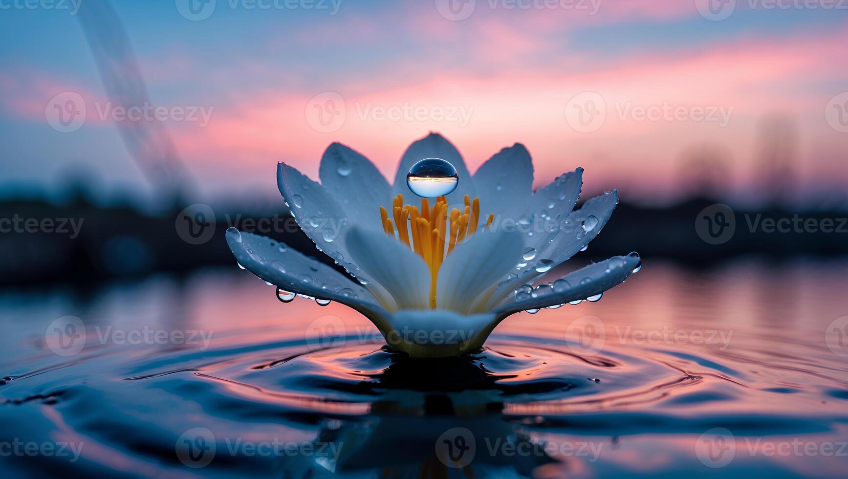 Lotus Flower Floating on Water with Droplets and Sunset Reflection photo