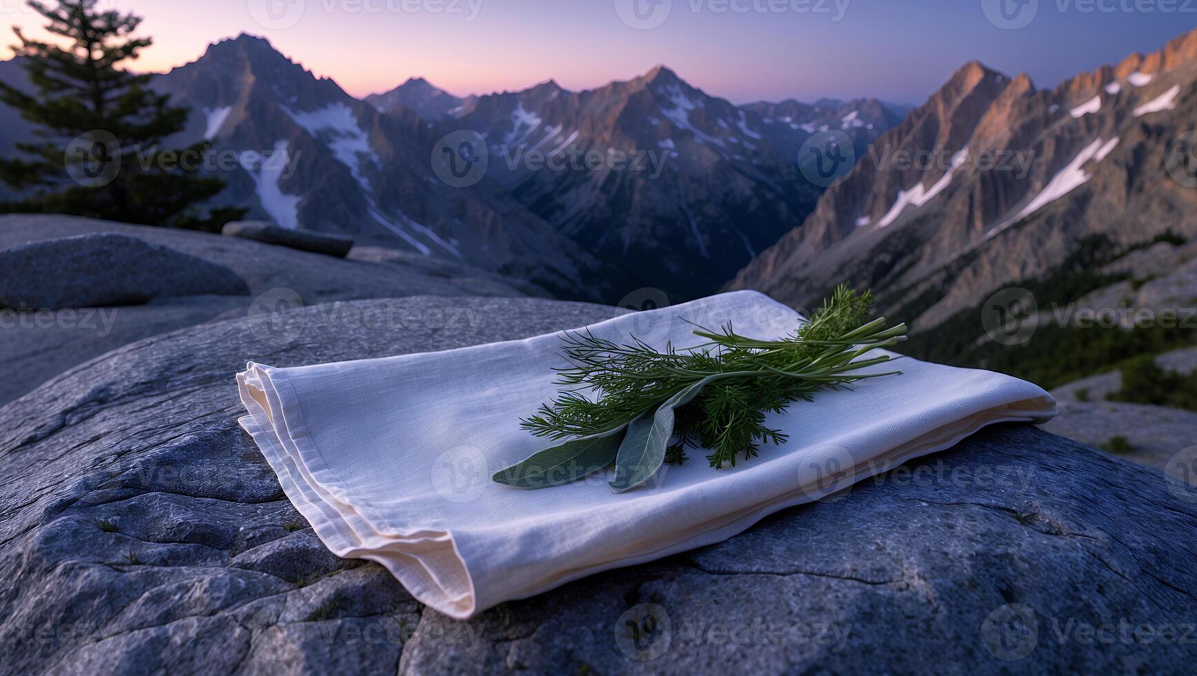 Herbs on Cloth at Dusk with Mountain Peaks Backdrop photo