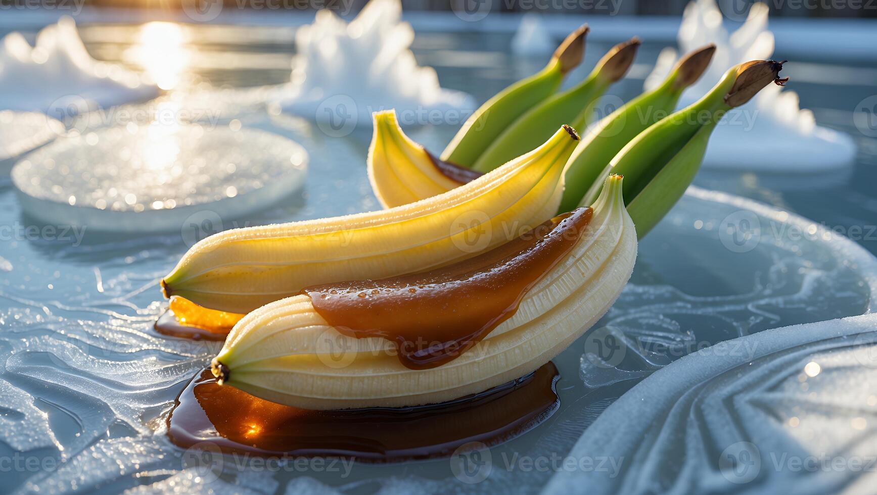 Banana Slices with Sauce on Ice Creating an Interesting Composition photo
