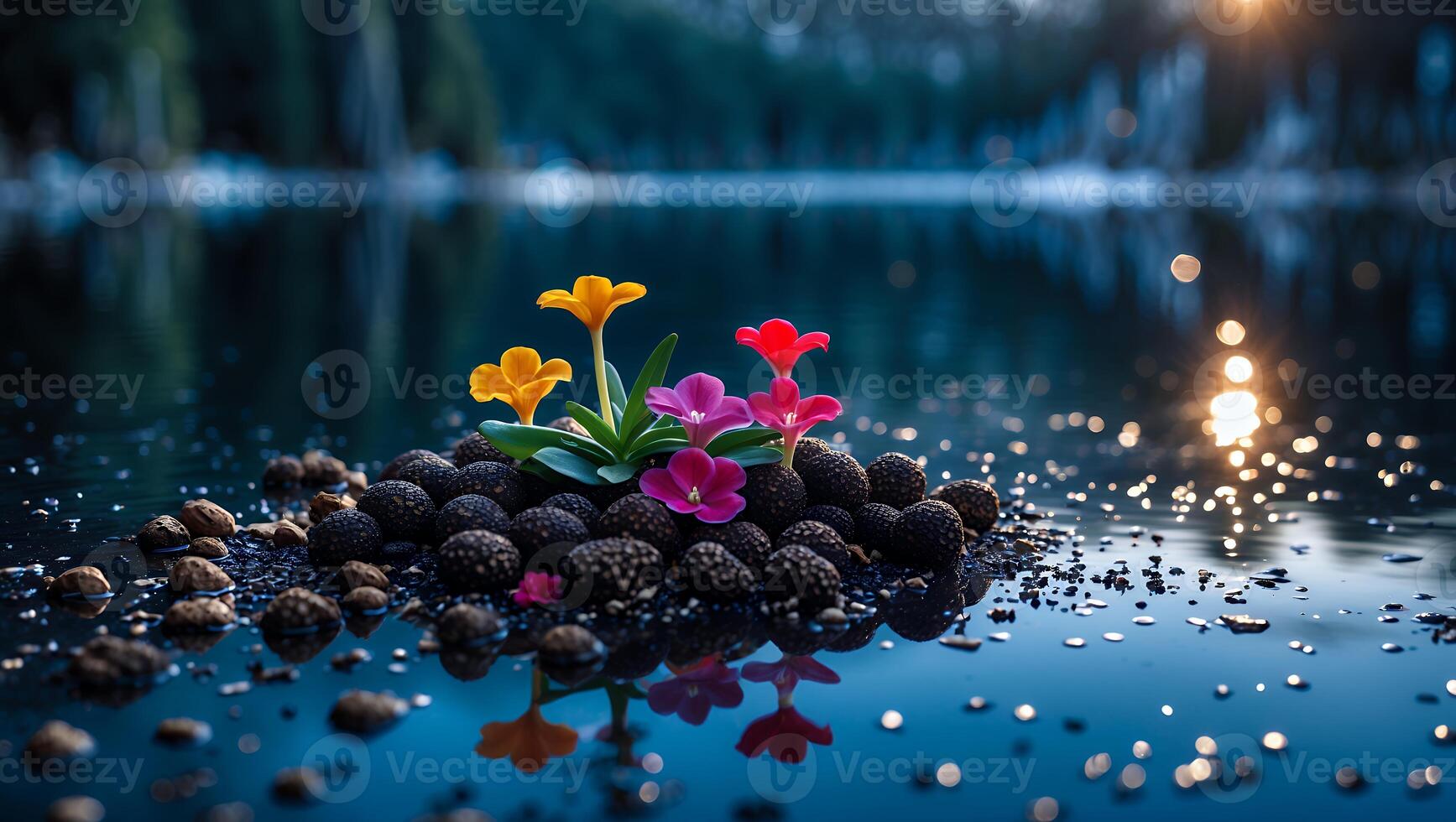 Colorful Flowers Growing on Small Island in Reflective Lake at Sunset photo