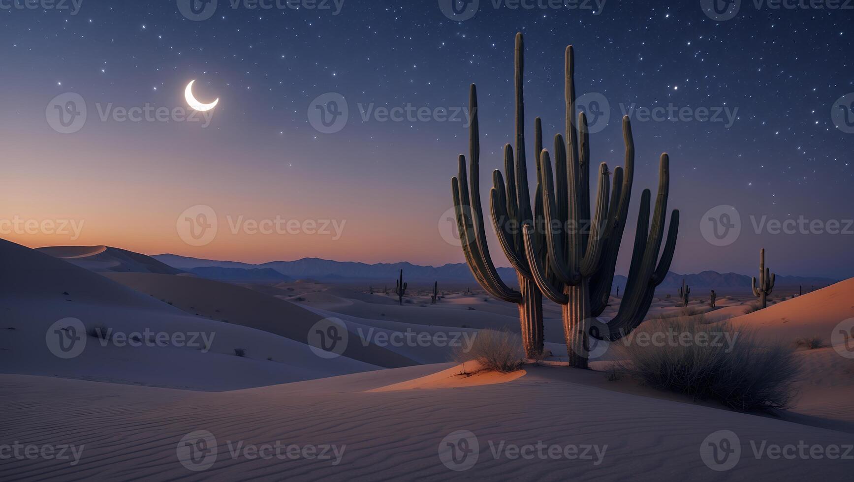 Cactus Plants in Desert Landscape at Night with Crescent Moon photo