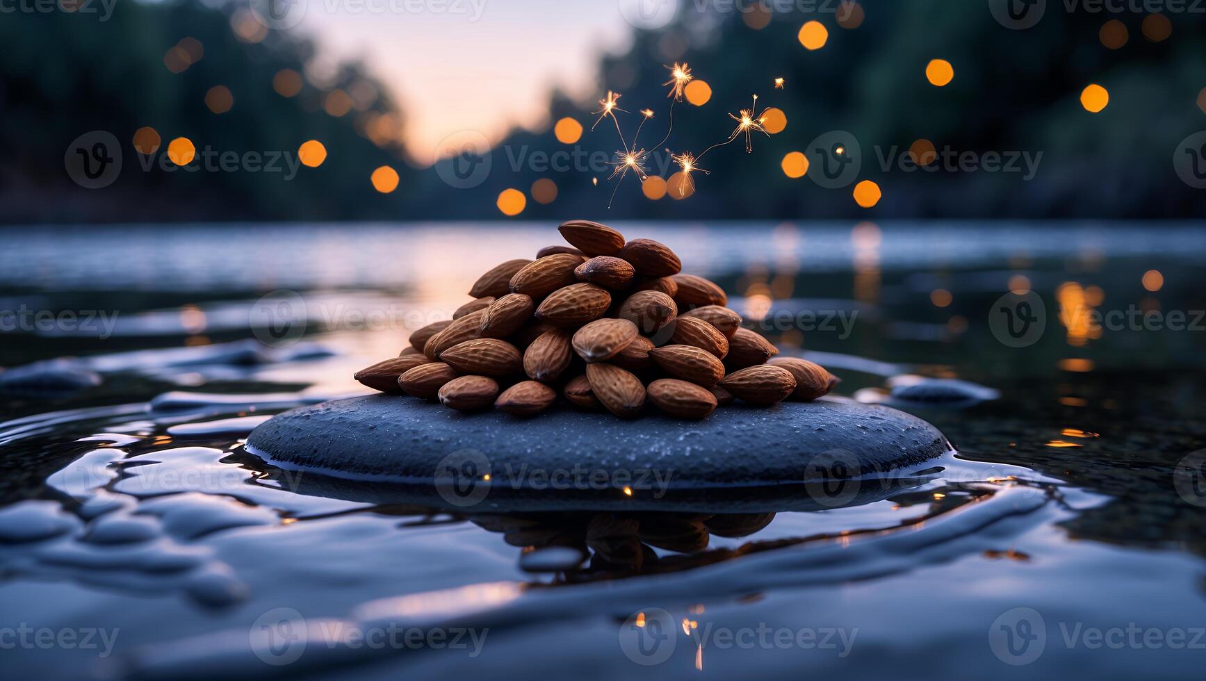 Pile of Almonds on Rock Reflecting in Water at Dusk photo