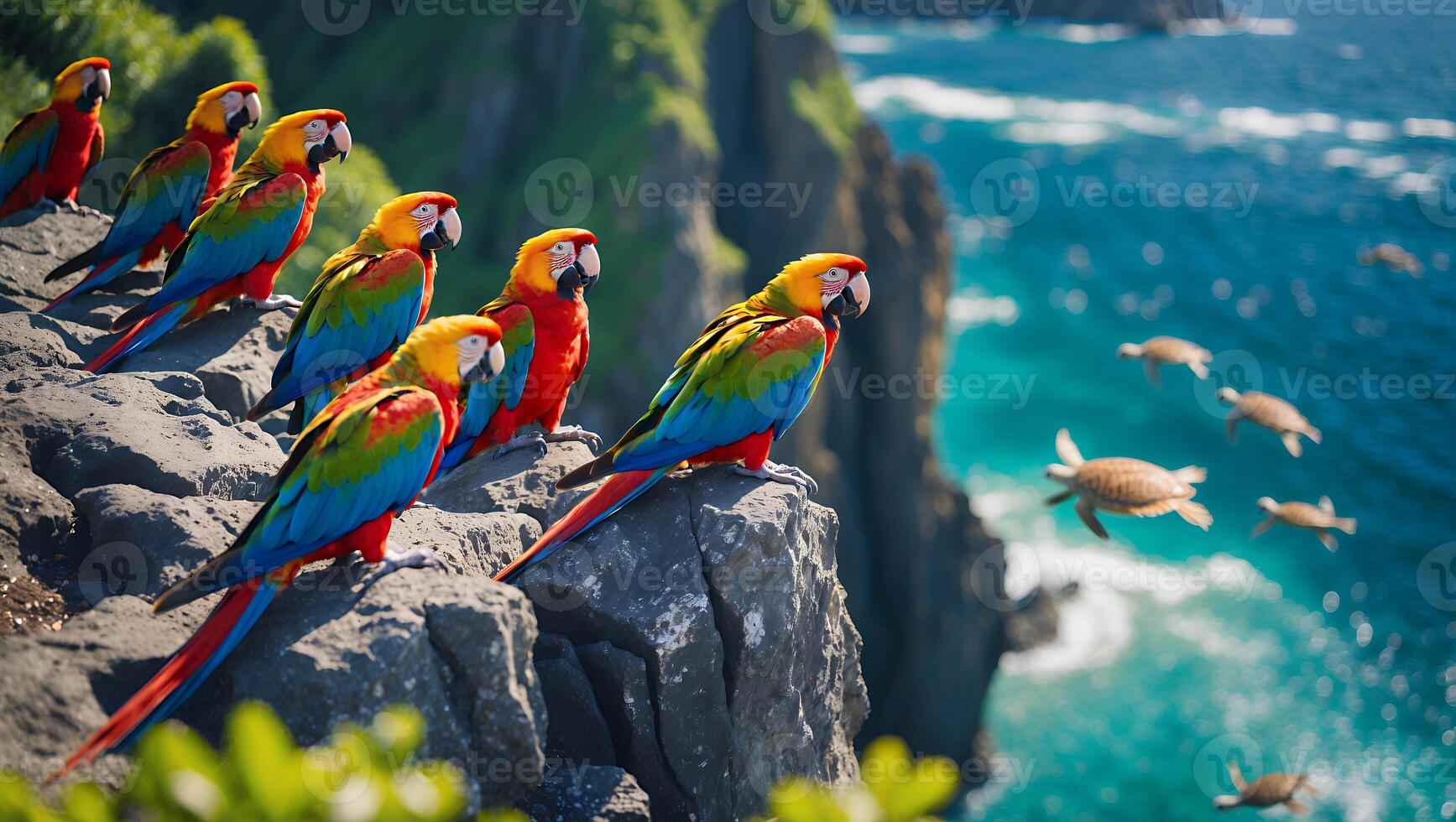 Colorful Macaws Perched on Cliff Overlooking Ocean with Swimming Sea Turtles photo
