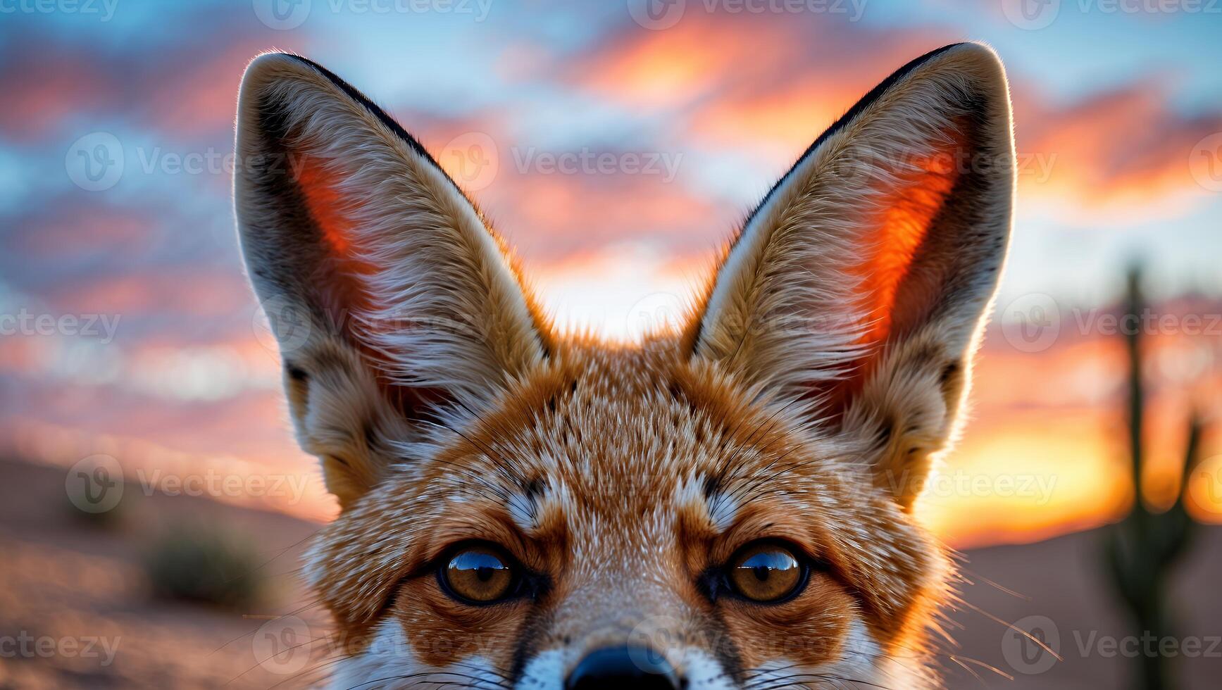 Fox Face Close-up at Sunset with Desert Background and Ears photo