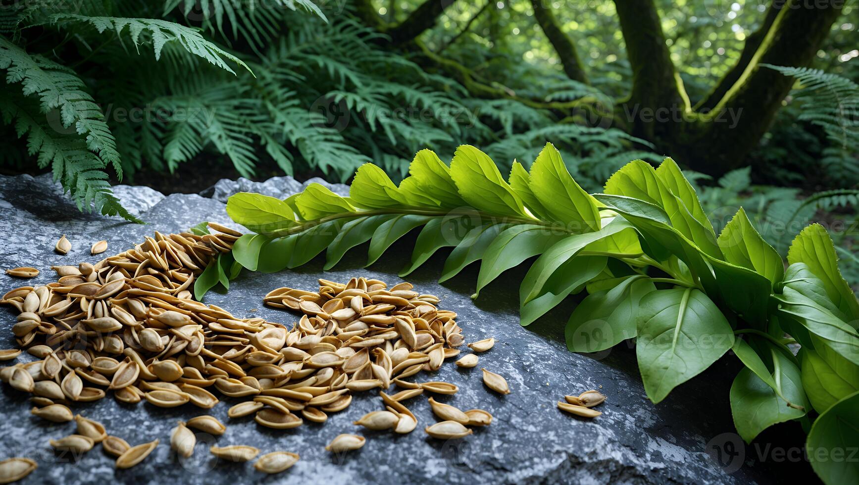 Scattering Seeds on Stone with Green Foliage in Tranquil Forest photo