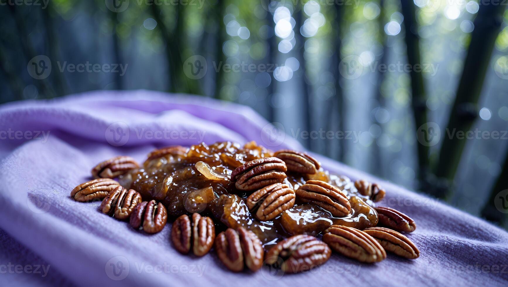 Serving Pecan Nuts with Sweet Topping on Fabric with Forest Backdrop photo