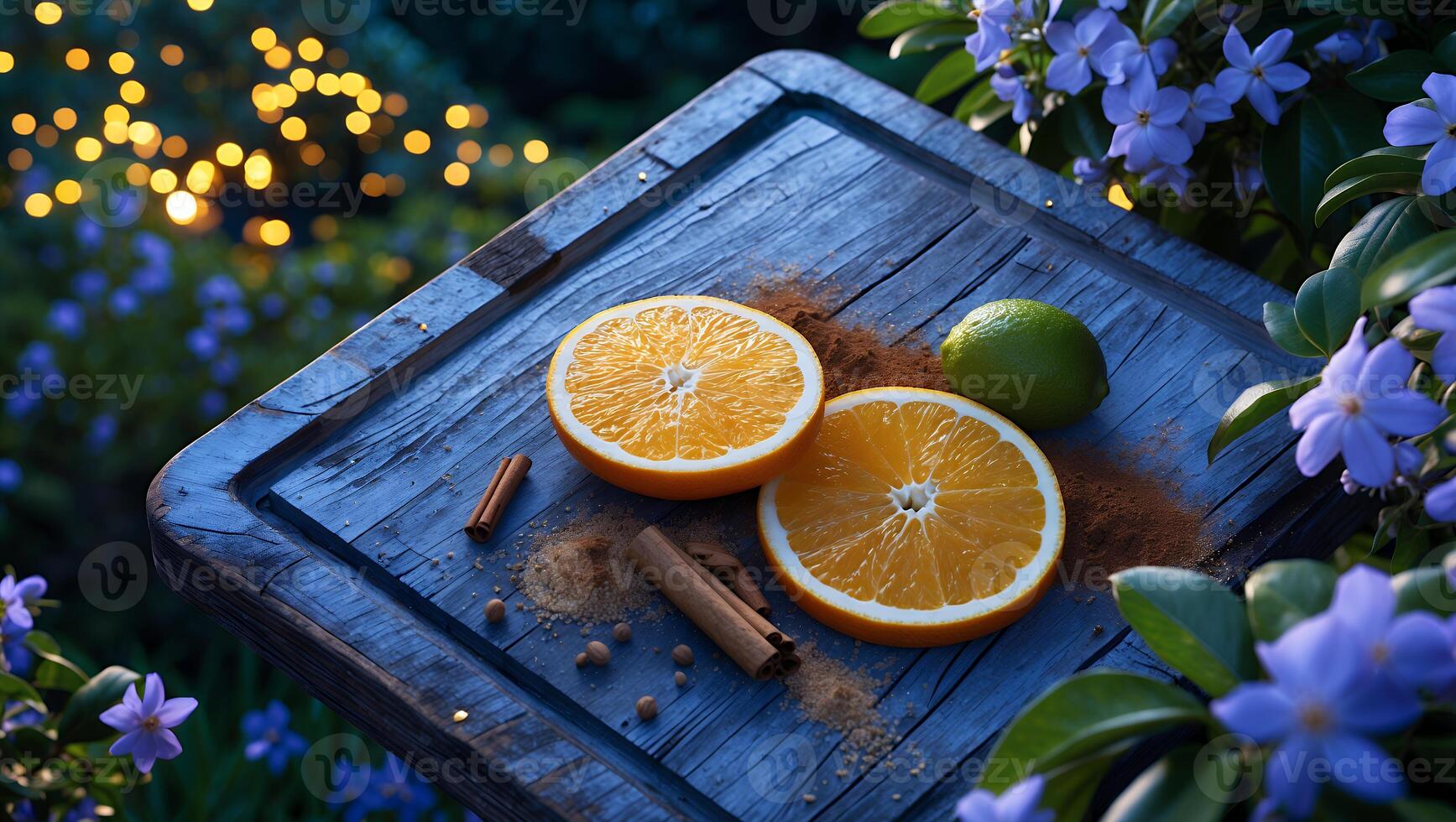 Serving Orange Slices with Cinnamon Sticks and Lime on Tray photo