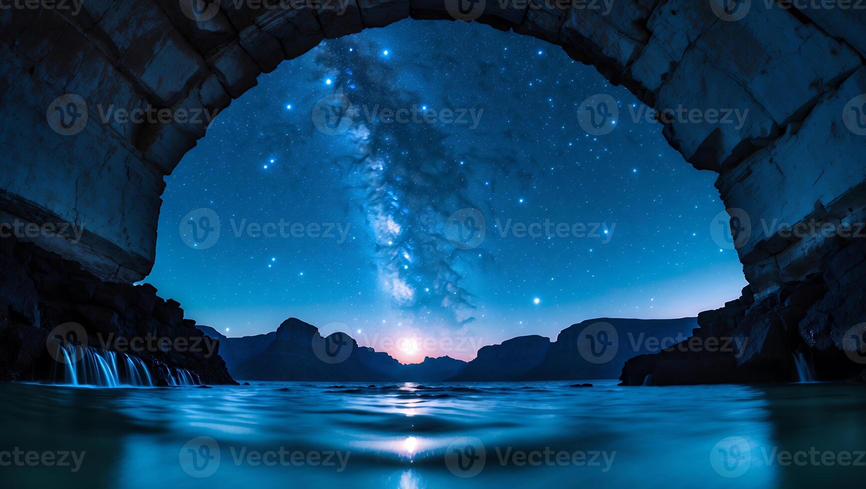Night Sky View Through Stone Arch Over Water with Milky Way photo