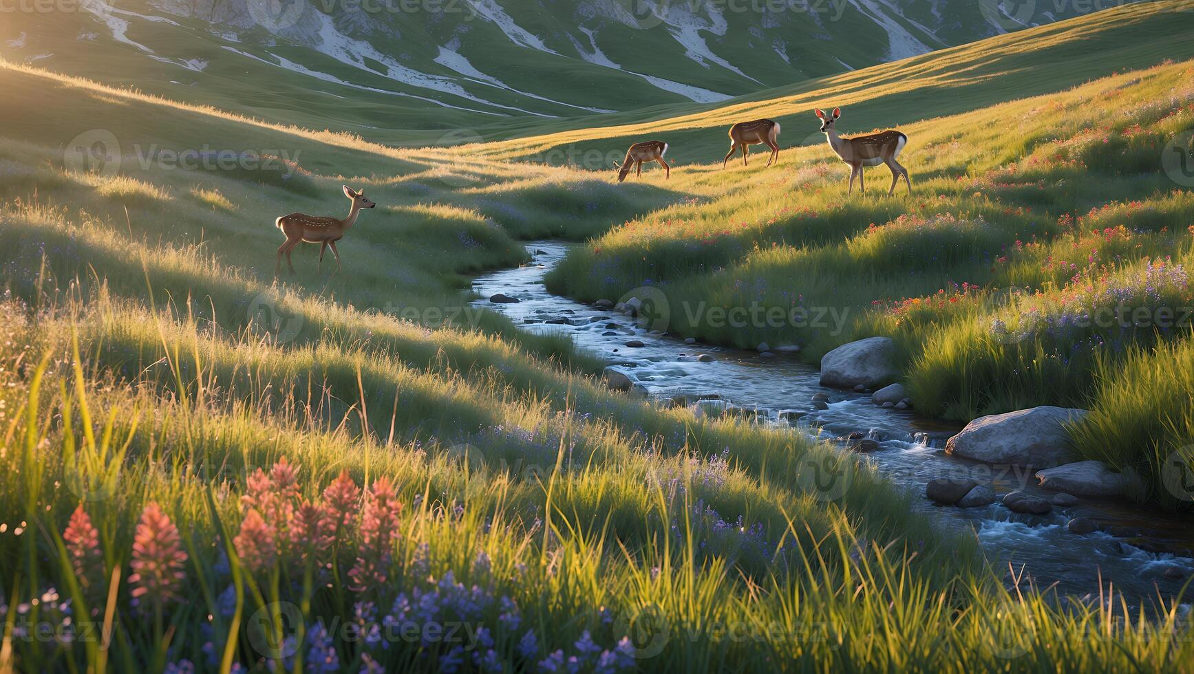 Deer in Mountain Meadow Grazing by a Stream in Golden Light photo