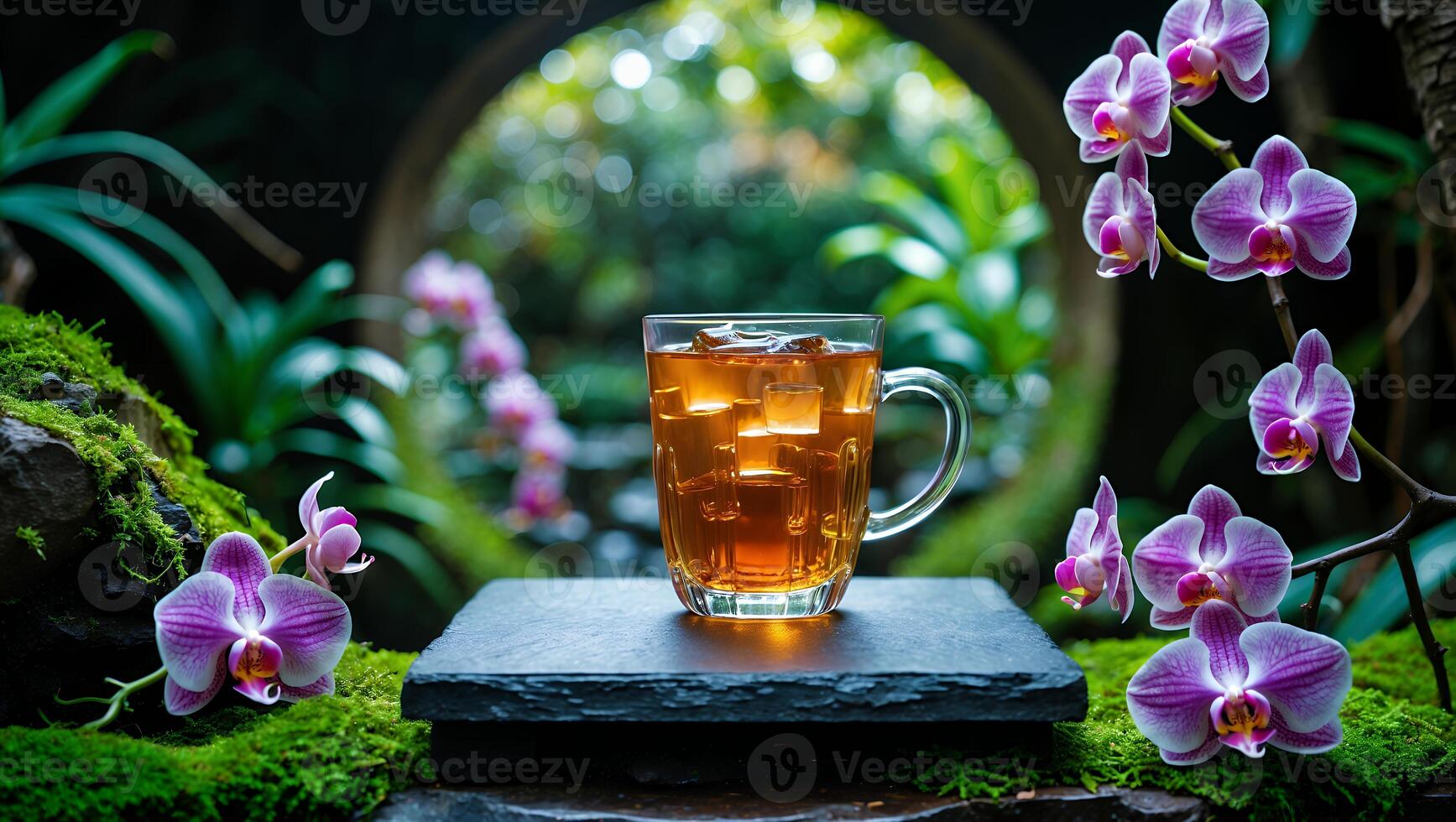 Iced Tea in Glass Mug with Ice Cubes in Lush Garden photo