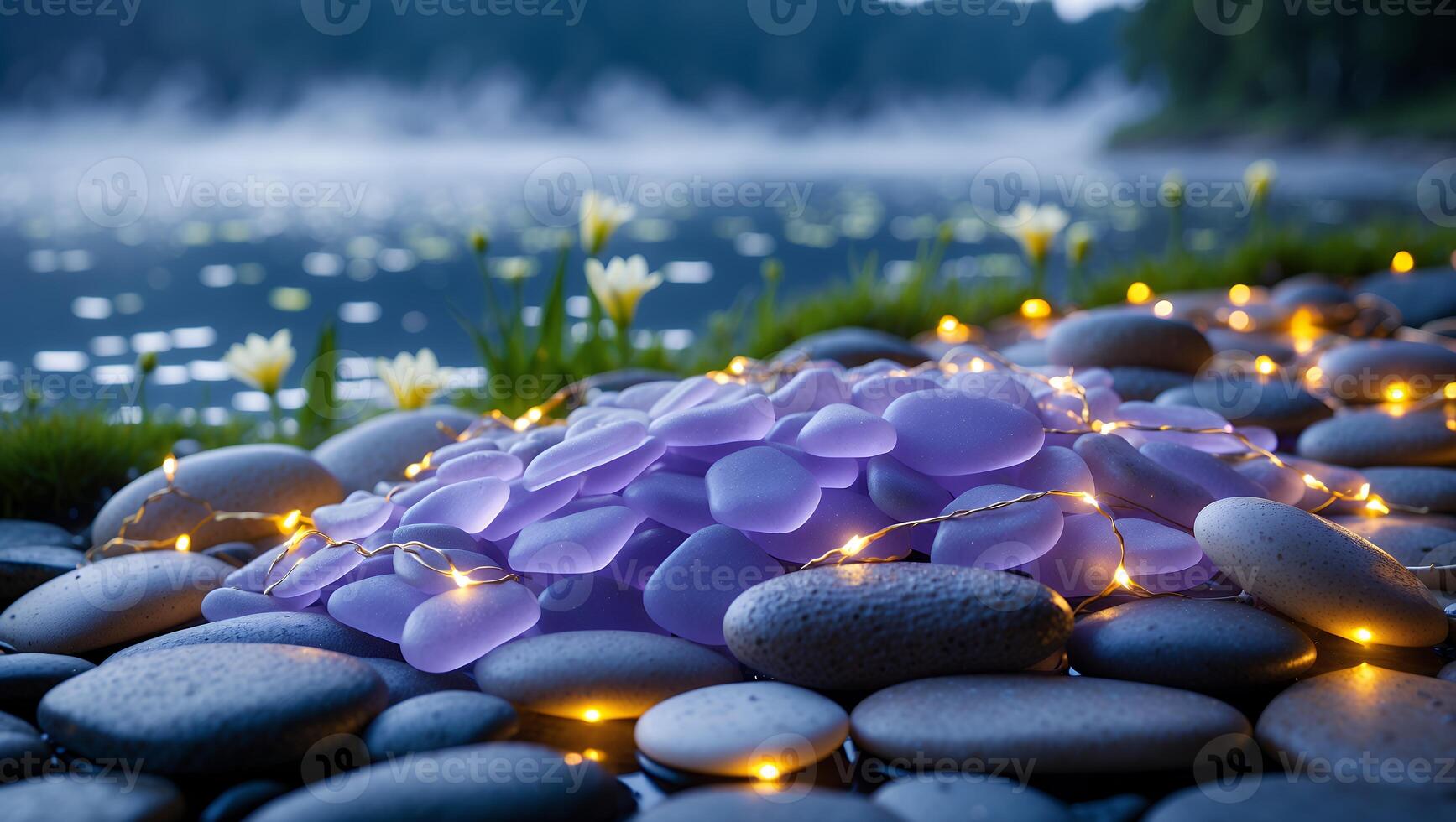 Arrangement of Stones and Purple Glass with String Lights by Lake photo