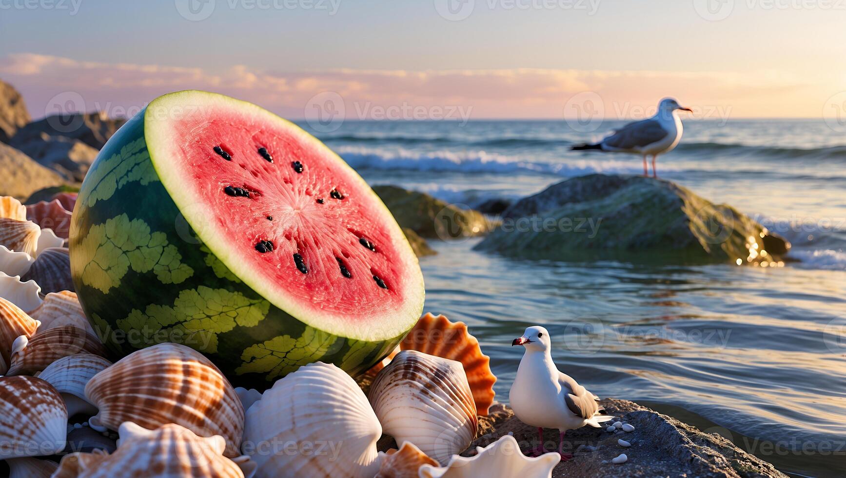 Watermelon and Seashells at Sunset Ocean Scene with Seagulls photo