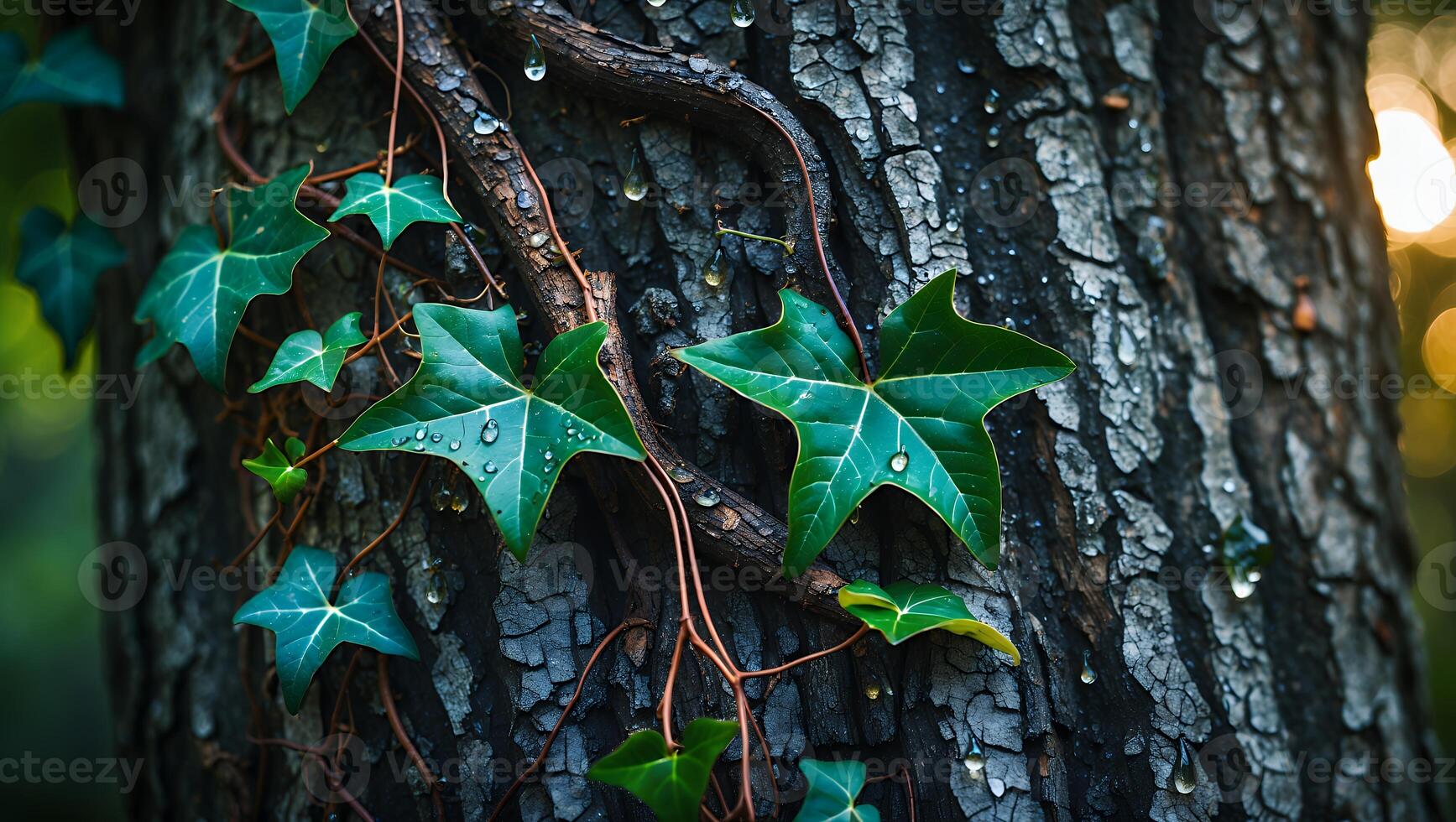 Ivy Vines Growing on Tree Trunk with Water Droplets Closeup photo