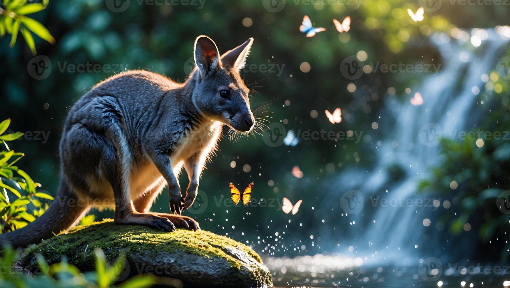 Kangaroo on Rock with Butterflies and Waterfall in Lush Environment photo